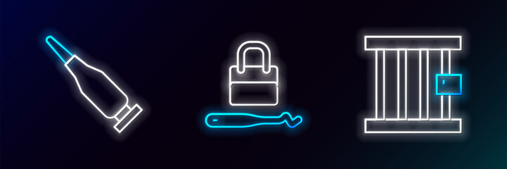 Set line Prison window, Bullet and Lock picks for lock picking icon. Glowing neon. Vector