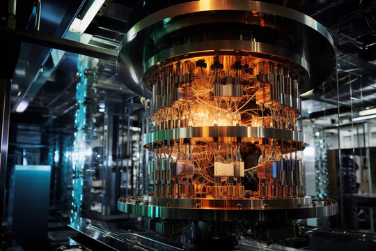 Quantum computer in scientific research laboratory, scientific developments, quantum technology and cooling mechanisms, futuristic design, concept