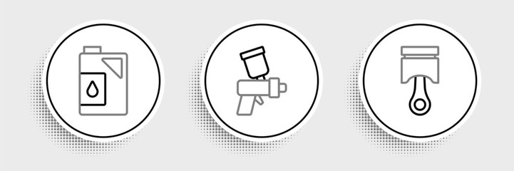 Set line Engine piston, Canister for motor oil and Paint spray gun icon. Vector