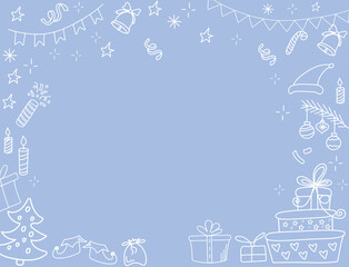 Cute Christmas blue background with different doodle party decoration. Stars, snowflakes, balls, candles, serpentine. Christmas illustration.