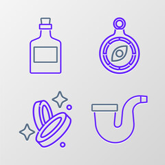 Set line Smoking pipe, Pirate coin, Compass and Alcohol drink Rum icon. Vector