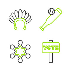 Set line Vote, Hexagram sheriff, Baseball bat with ball and Indian headdress feathers icon. Vector