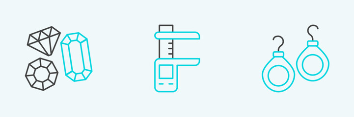 Set line Earrings, Gem stone and Calliper or caliper and scale icon. Vector