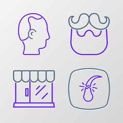 Set line Broken hair follicle, Barbershop building, Mustache and beard and Baldness icon. Vector