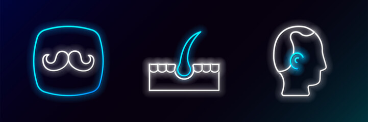 Set line Baldness, Barbershop and Human hair follicle icon. Glowing neon. Vector