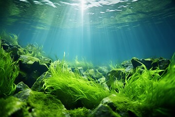 Fototapeta na wymiar green bright algae growing underwater.