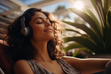 A woman lounging on a chair and listening to music on her headphones. Great for stories on audio, music, lifestyle, meditation, relaxation and more.  - obrazy, fototapety, plakaty