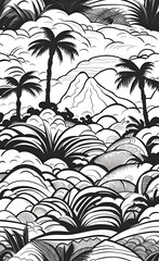 black and white mountain and tree landscape wallpaper design, tropical trees, palm, banana tree, mural art, Generative AI