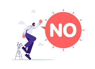 Businessman is shouting with speech bubble with text NO!, learn to say no, refuse to do wrong thing or time management concept