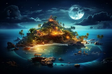 Surreal island fantasy at night. Generative AI