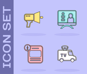 Set TV News car, Megaphone, Information and Television report icon. Vector