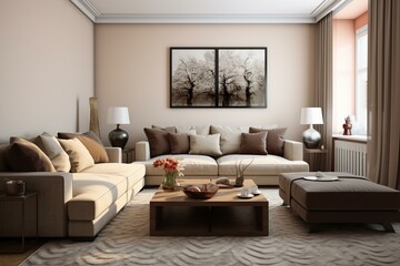 Cozy living room with brown sofa and beige carpet. Generative AI