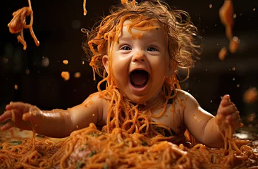 Zelfklevend Fotobehang a kid at a table eating cooked pasta © Kien