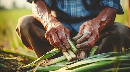 Asian farmer is peeling sugar cane for squeeze a sugarcane juice.
