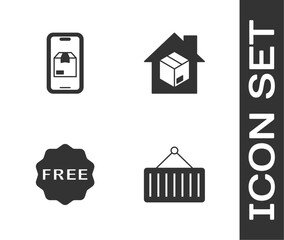 Set Container on crane, Mobile app delivery tracking, rice tag with Free and Home services icon. Vector
