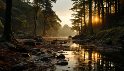 Tranquil scene of autumn forest, sunlight reflecting on tranquil pond generated by AI