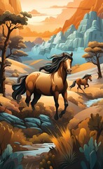 mural wallpaper with wild horses in the afternoon, Generative AI