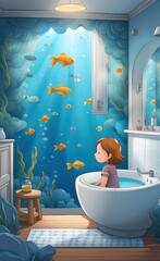 Bathroom with Ocean and fish mural wallpaper, Generative AI