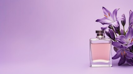 Bottle of perfume with lily flowers on purple background. Beauty products for body and face care. Minimal style perfumery template.
 - obrazy, fototapety, plakaty