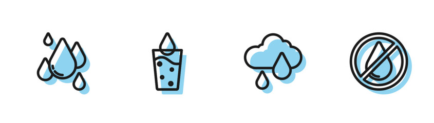 Set line Cloud with rain, Water drop, Glass water and forbidden icon. Vector