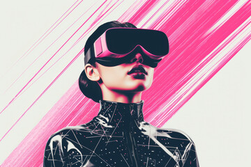 portrait of a woman wearing virtual reality headset with a modern graphic design illustration style