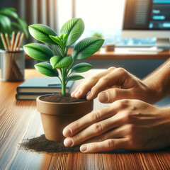 Close-Up of Planting Indoor Plant on Home Office Desk