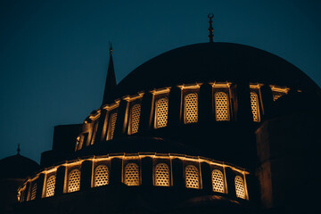 muslim shrine in istanbul, religion for people, house of prayer in the evening, light in the...
