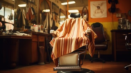 Cloth hanging from chair in retro barbershop.
