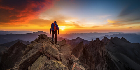 Fototapeta premium Hiker reaching the peak, shot in silhouette against a fiery sunset, layers of mountains in the background