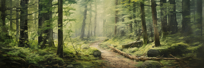 Impressionistic watercolor of a forest hiking trail, soft, dreamy, splashes of green and brown, subtle sunlight filtering through