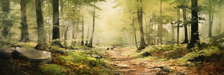 Impressionistic watercolor of a forest hiking trail, soft, dreamy, splashes of green and brown, subtle sunlight filtering through