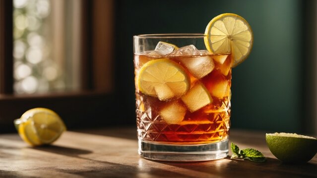 Close-up high-resolution image of a refreshing iced tea with lemon slices. Generative AI.