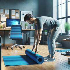 Rolling Out Yoga Mat in Home Office for Quick Stretching