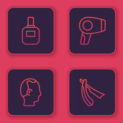 Set line Aftershave, Baldness, Hair dryer and Straight razor. Blue square button. Vector