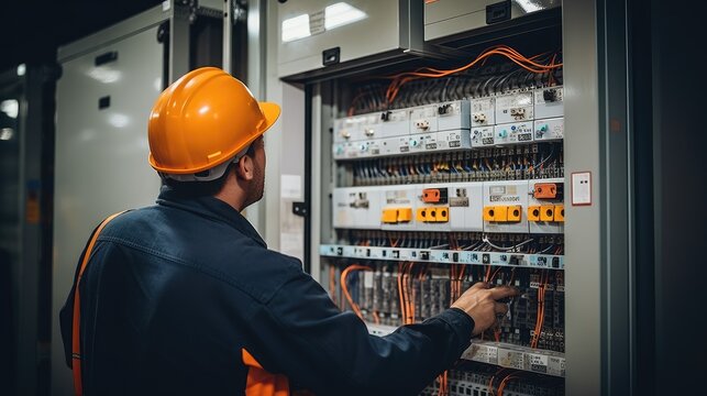 Electrical engineer using digital multi-meter measuring equipment to checking electric current voltage at circuit breaker in main power distribution board.
