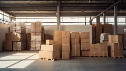 Empty modern storage room full of shipping cardboard boxes. No people.
