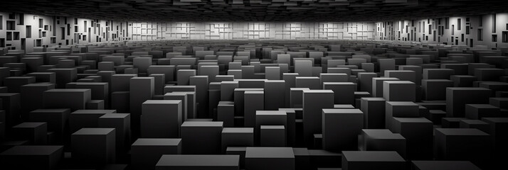 Fototapeta premium labyrinthine office layout with rows of monotonous cubicles stretching into the distance, bleak atmosphere, fluorescent lighting