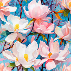 An artistic illustration featuring delicate pink magnolia flowers in bloom, set against a geometric mosaic-like blue background.