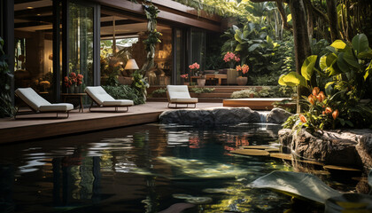 Modern architecture reflects elegance in tranquil tropical climate surroundings generated by AI