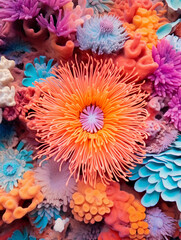 Coral kaleidoscope: A bird&rsquo;s-eye view of a coral atoll, fragmented into a kaleidoscope pattern, vibrant palette