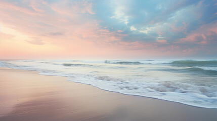 Fototapeta na wymiar Impressionist seashore: Soft pastel colors of the beach at twilight, blending sky, sand, and sea, using tilt-shift lens for selective focus