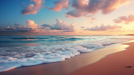 Impressionist seashore: Soft pastel colors of the beach at twilight, blending sky, sand, and sea, using tilt-shift lens for selective focus