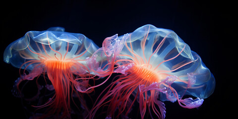 Jellyfish ballet: Abstract dance of jellyfish in deep ocean, radial blur effect, glowing edges