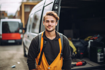 Naklejka premium Portrait of Handsome young construction worker with commercial van on background