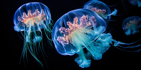 Jellyfish ballet: Abstract dance of jellyfish in deep ocean, radial blur effect, glowing edges
