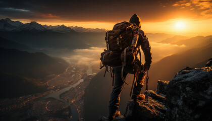 Men hiking mountain peak, backpacks filled with adventure and exploration generated by AI - obrazy, fototapety, plakaty