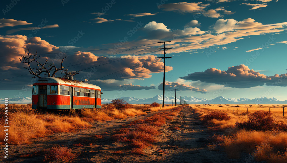 Canvas Prints sunset over the mountains, a car travels through the rural scene generated by ai