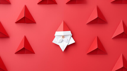 Ilustrowany Święty Mikołaj origami - mikołajki. Czerwone tło na baner lub życzenia świąteczne. - obrazy, fototapety, plakaty