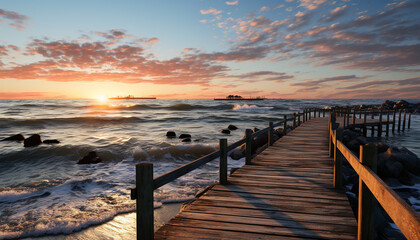 Obraz premium Sunset over tranquil water, a picturesque landscape of natural beauty generated by AI
