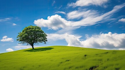 Large green tree on top of grassy slope field with clouds.

